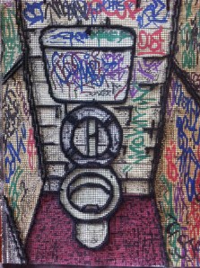 NIKI MCDONALD Fountain of Youth, watercolour, paint pens, wool, tapestry mesh 2013